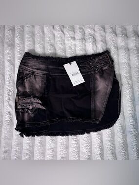 Black Distressed Mini Skirt with Buckle Detail